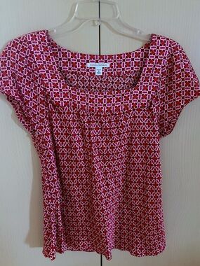Banana Republic Pink & White Geometric Cap-Sleeve Blouse